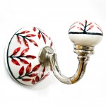 White Red Floral Leaf Branch Vintage Hand Painted Porcelain Ceramic Wall Hook Towel Hook