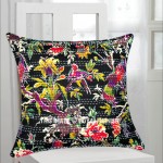 Black Multi Colorful Boho Bird Paradise Kantha Throw Pillow Cover 16X16 Inch