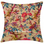 Large Beige Birds Floral Bohemian Decorative Square Kantha Throw Pillow Cover - 24X24 Inch