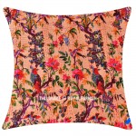 Large Peach Birds Floral Bohemian Decorative Square Kantha Throw Pillow Cover - 24X24 Inch