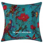 Large Teal Birds Floral Bohemian Decorative Square Kantha Throw Pillow Cover - 24X24 Inch