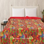 Red Multi Frida Kahlo Printed Bohemian Indian Kantha Quilt Blanket Bedspread - Twin Size