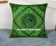 Green Mirror Embroidered Cotton Sofa Indian Throw Pillow