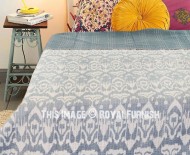 Grey Twin Size Indian Ikat Cotton Kantha Quilt Blanket