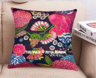 16" Indian Black Floral Cotton Kantha Throw Pillow Cover Sham