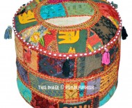 17X12" Bohemian Patchwork Appliqued Round Indian Ottoman