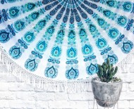 White and Blue Boho Mandala Round Beach Towel, Fringed Roundie