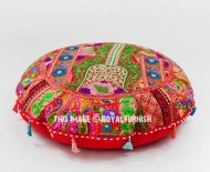 32" X-Large Red Mirror Embroidered Round Yoga and Meditation Floor Cushion Cover