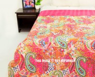Pink Twin Size Paisley Floral Kantha Quilted Blanket Throw