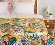 White and Yellow Paisley Printed Unique Cotton Kantha Bedspread Quilt Blanket