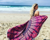 Pink Purple Mandala Pom Pom Hippie Roundie Beach Throw, Beach Round Towel