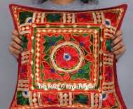 Red Multi Needlepoint Hand Embroidered Cotton Pillow Case 16X16 Inch