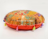 32" Orange Multi Handcrafted Patchwork Round Floor Cushion Cover