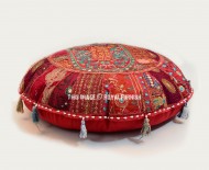 Oversized 28" Maroon Multi Patchwork Round Yoga Floor Cushion Cover