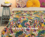 Big Queen Size White and Yellow Paisley Printed Cotton Kantha Quilt Blanket Bedding