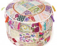 White One-Of-A-Kind Round Floor Seating Pouf Footstool Ottoman Cover 22"X12" Inch