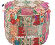 Tan One-Of-A-Kind Floor Seating Round Pouf Footstool Ottoman Cover 22" X 12" Inch