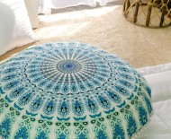 White Blue Hippie Mandala Round Pom Pom Floor Pillow Cover 32" Inch
