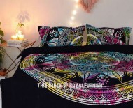 Black Multi Tie Dye Long Leafs Circle Mandala Duvet Covers with Set of 2 Pillow Covers