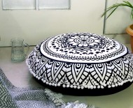 Black & White Rangoli Mandala Cotton Round Floor Pillow Cover