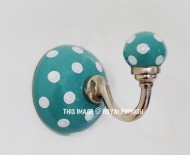 Teal and White Polka Dots Ceramic Wall Hook