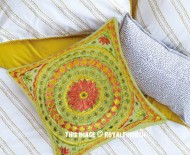 Green Indian Square Mirror Embroidered Pillow Case 16 Inch