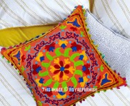 Orange Mandala Suzani Embroidered Throw Pillow Cover 16X16 Inch