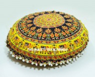 Yellow & Black Kerala Elephant Mandala Round Floor Pillow Cover 32 Inch