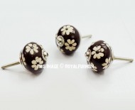 Brown Tiny Floral Boho Decorative Round Ceramic Drawer Knob Set of Two