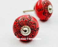Red Boho Floral Carved Decorative Round Ceramic Cabinet Knob Set of Two