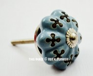 Grey Flower Painted Vintage Melon Ceramic Cabinet Knob Set of Two