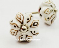 White & Brown Vintage Melon Round Ceramic Cabinet Knob Set of Two