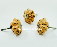 Little Leaves Carved Boho Decorative Yellow Ceramic Drawer Knob Set of 2