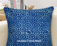 Floral Block Printed Indigo Rug Throw Pillow Cover 40X40 Cm