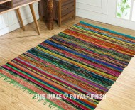 Handmade Green Boho Braided Reversible Chindi Area Rag Rug 4X6 Ft