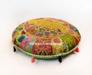 Tan Multicolored Handmade Patchwork Round Floor Cushion Cover