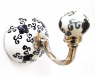 Black-White Vintage Hand Painted Spiral Floral Porcelain Ceramic Wall Hook