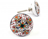 White Orange Bohemian Vintage Style Flower Hand Painted Ceramic Knob Set of 2  for Cupboard, Dresser & Kitchen Cabinets