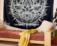 Black and White Lotus Mandala Tapestry - Queen Size
