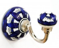 Blue White Hand Painted Floral Boho Vintage Porcelain Ceramic Wall Hook