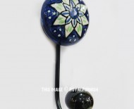Bohemian Blue Green Flower Painted Porcelain Ceramic Wall Hook