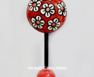 Boho Red White Little Flowers Painted Porcelain Ceramic Wall Hook