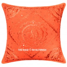 24 Inch Light Orange Indian Mirror Embroidered Cotton Pillow Cover