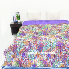 Queen Purple Multicolor Paisley Kantha Quilt Blanket Bedding