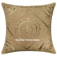 Beige Indian Handicraft Mirror Throw Sofa Pillow Sham
