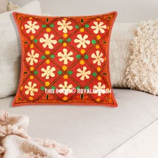16" Red Indian Mirror Patchwork Floral Appliqued Cotton Throw Pillow Case