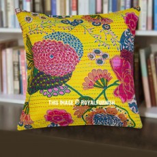 16" Yellow Indian Kantha Floral Accent Throw Pillow Case