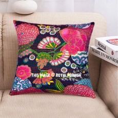16" Indian Black Floral Cotton Kantha Throw Pillow Cover Sham
