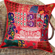 40X40" Vibrant Red Boho Patchwork Accent Square Throw Pillow Cover