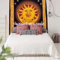 Black Multi Psychedelic Celestial Sun Moon Star Wall Tapestry Bedding